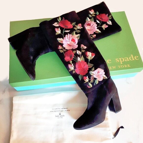 NWT / NIB Kate Spade black suede floral embroidered long boots, 6.5 - Picture 16 of 16